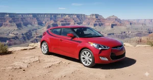 red Hyundai veloster with black performance graphics at the Grand Canyon